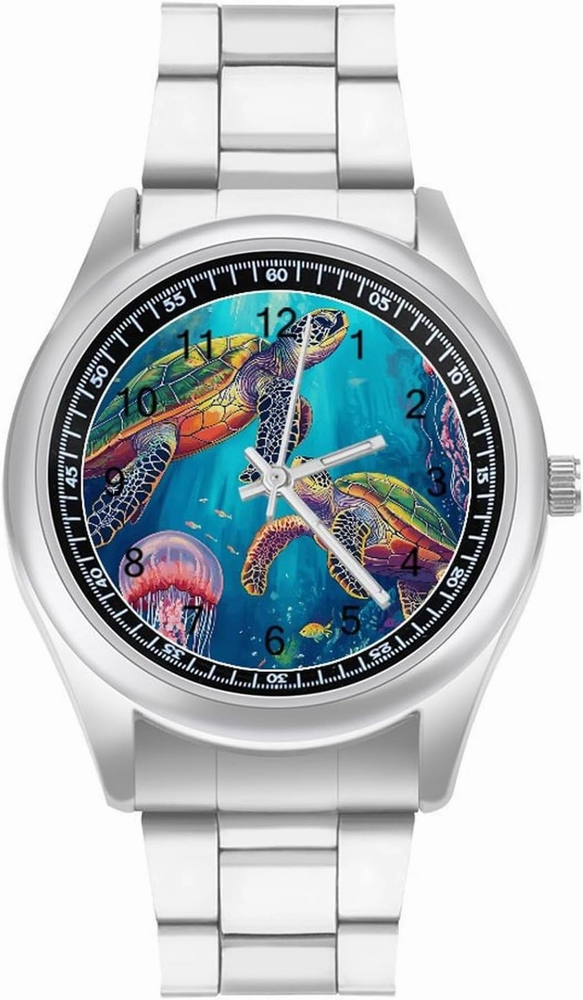 Ocean Turtles Jellyfish Coral Casual Wrist Watches for Men Classic Business Dress Watch Big Face for Work Gym