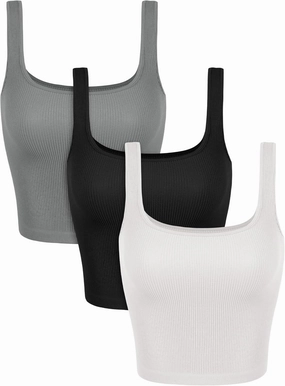 ODODOS 3-Pack Seamless Square Neck Crop Tank for Women Ribbed Knit Soft Low Back Cropped Tops