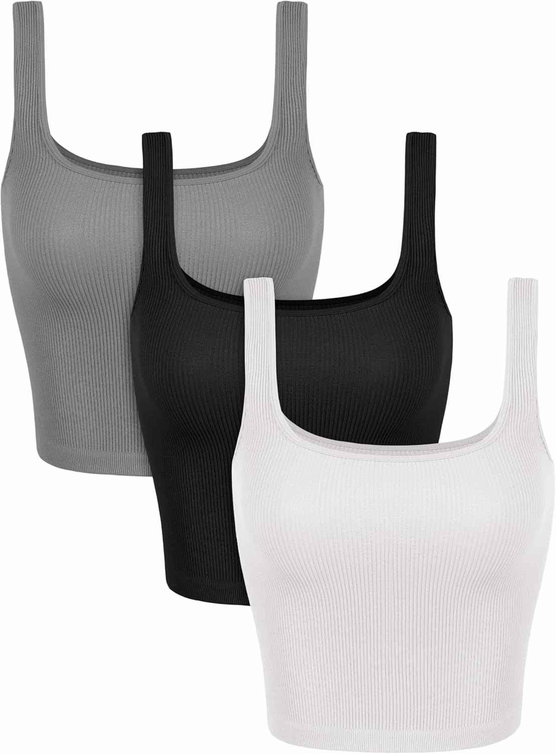 ODODOS 3-Pack Seamless Square Neck Crop Tank for Women Ribbed Knit Soft Low Back Cropped Tops