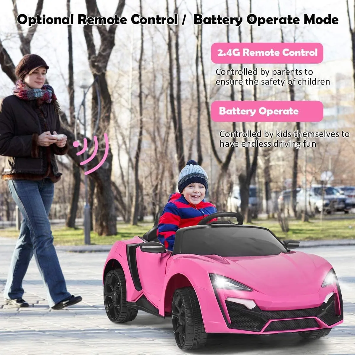 OLAKIDS 12V Kids Ride on Car, Battery Powered Electric Toy with Parental Remote Control, Spring Suspension, 4 Wheels Toddler Vehicle with Music, Horn, 3 Speeds, LED Lights, USB, TF (Pink)