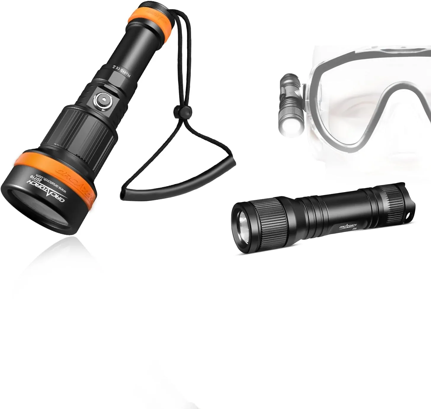 ORCATORCH ZD710 2700 Lumen Zoomable Diving Flashlight & D560 Mini Scuba Dive Mask Light Rotary Switch with 360 Degrees Rotatable Mask Clip Bundle