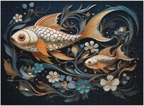 Painting of Two Fish in Pond with Flowers 1000 Piece Jigsaw Puzzle for Adults, Home Decor Birthday Party Gift Family Game Toy as Wall Art Decor Poster