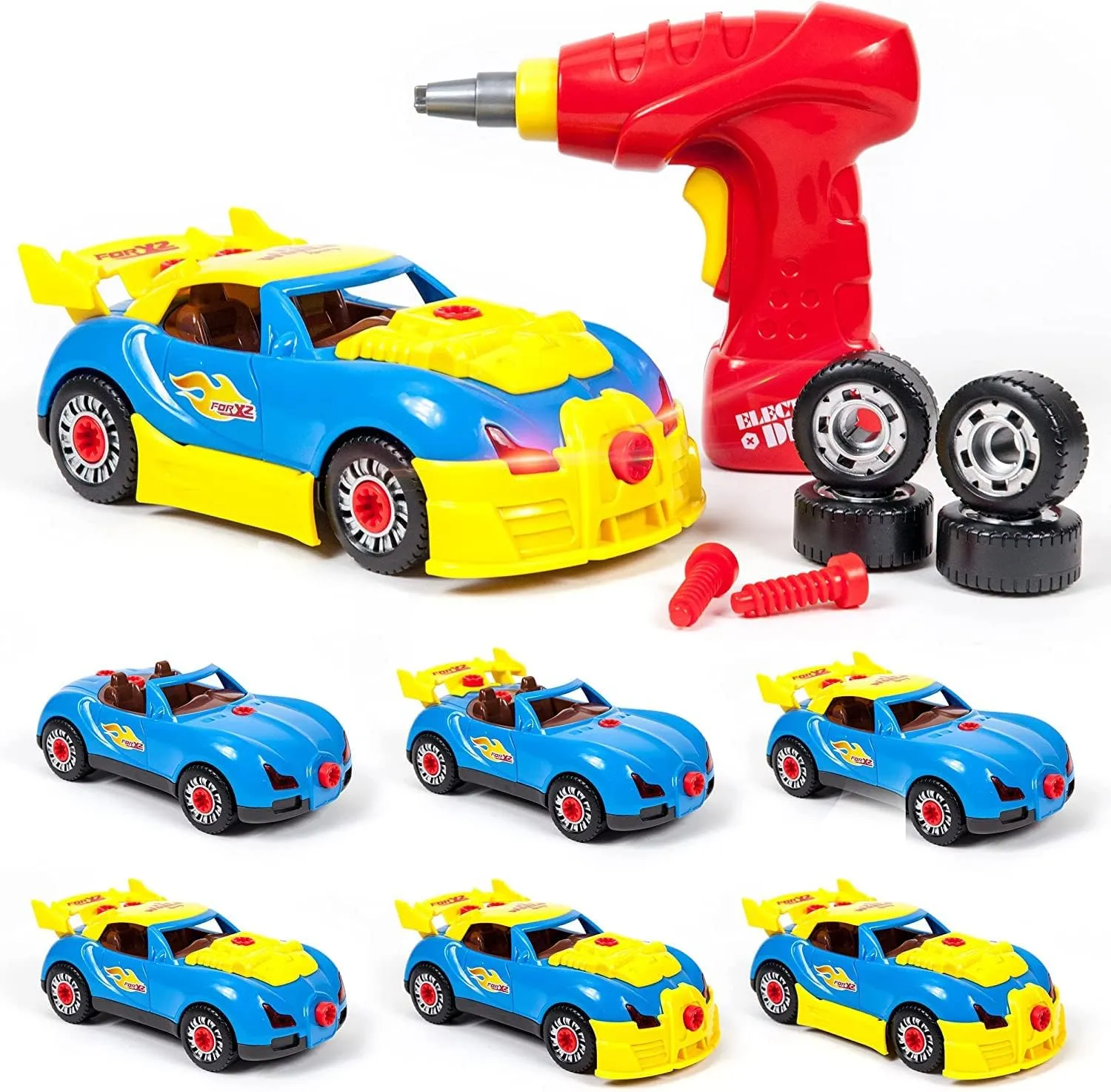 PicassoTiles 100 Piece Race Car Track   Take-A-Part Race Car Set with LED, Magnet DIY Playset 2 LED Car STEM Learning Kit, 2-in-1 DIY Engine Sound, Mini Electric Power Tool Reversible Drill, Screws