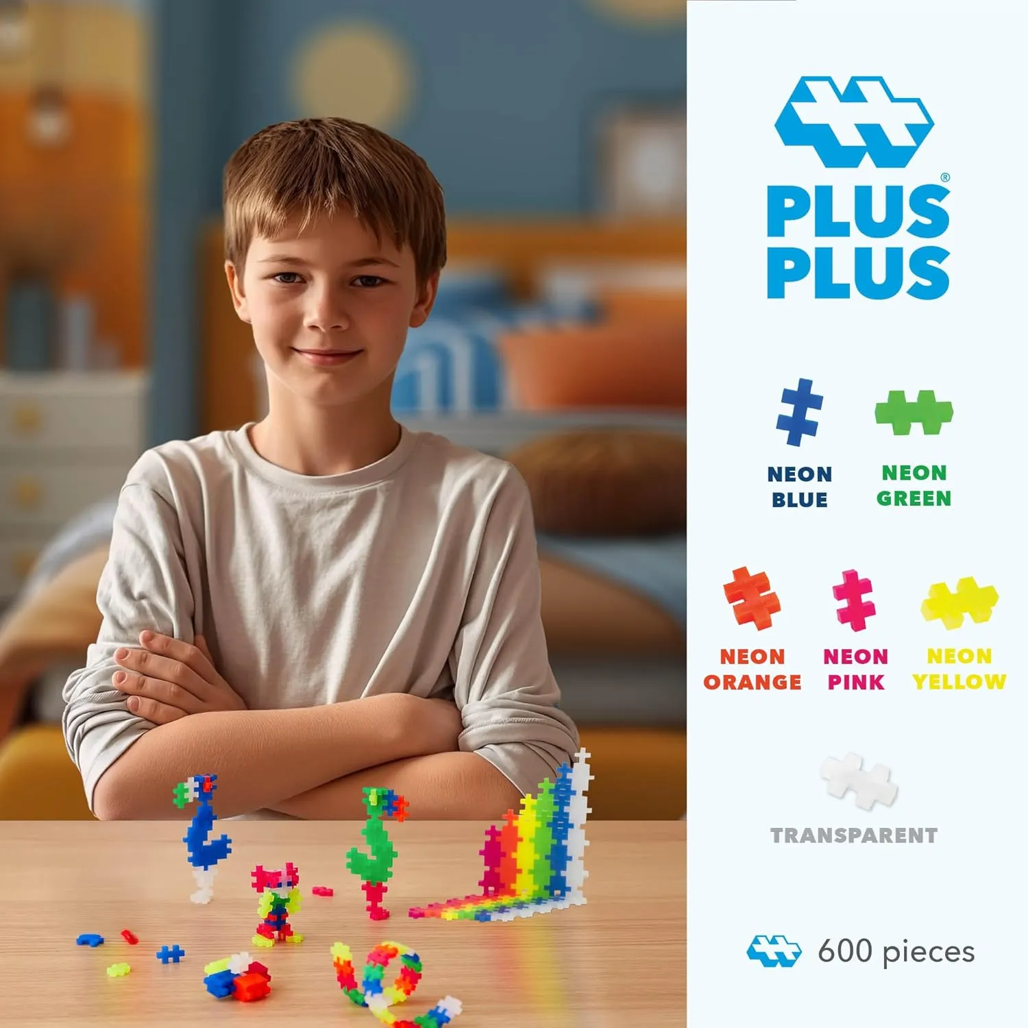 PLUS PLUS - Open Play Set - 600 Piece - Neon Color Mix, Construction Building Stem Toy, Interlocking Mini Puzzle Blocks for Kids