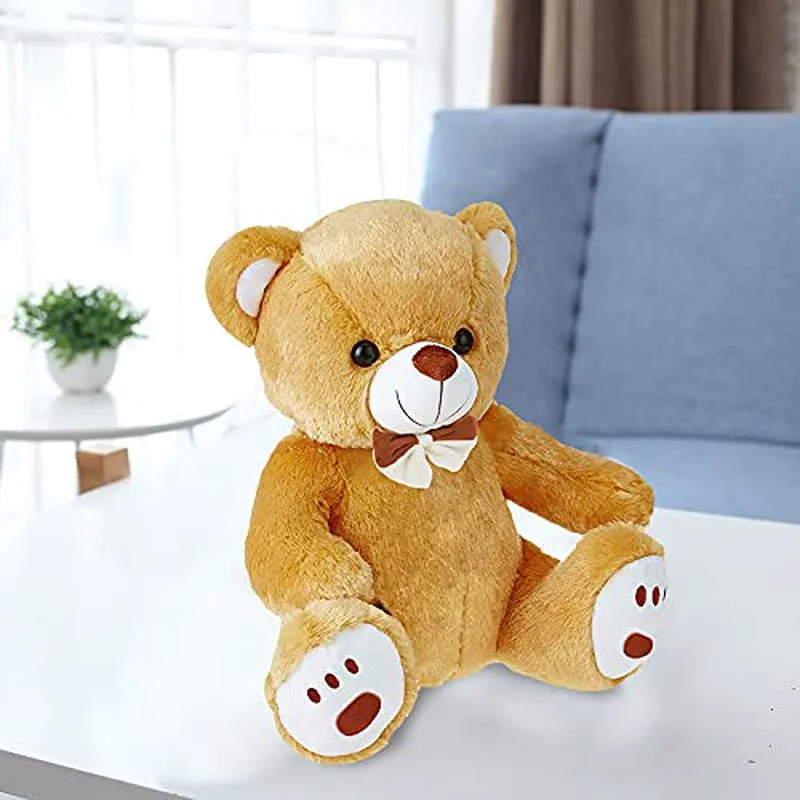 Plush Cute Sitting Teddy Bear Soft Toys with Neck Bow and Foot Print - Brown 35 cm