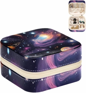 Portable Travel Mini Jewelry Box Space Galaxy Cosmic Stars Small Jewelry Case for Women Leather Ring Organizer