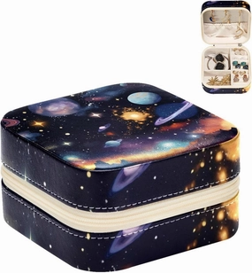 Portable Travel Mini Jewelry Box Universe Space Cosmic Stars Small Jewelry Case for Women Leather Ring Organizer