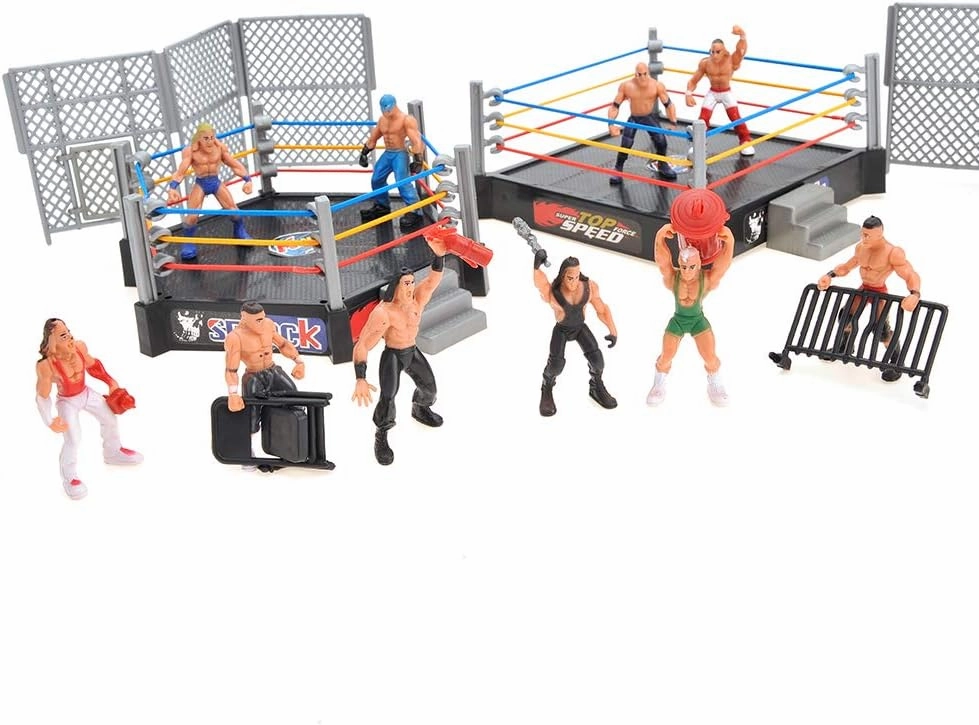 PowerTRC 32 Pieces Wrestling Toys, Wrestler Play Set with 2 Wrestle Rings (Hexagon & Square), 12 Wrestlers, 18 Accessories, Toy Figures Cake Topper Birthday Party Decoration Gift Toy for Kids