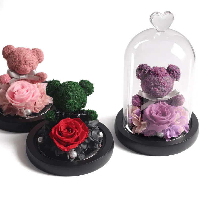 Preserved Rose Bear - LED Glass Dome  And Eternal Love in Bloom