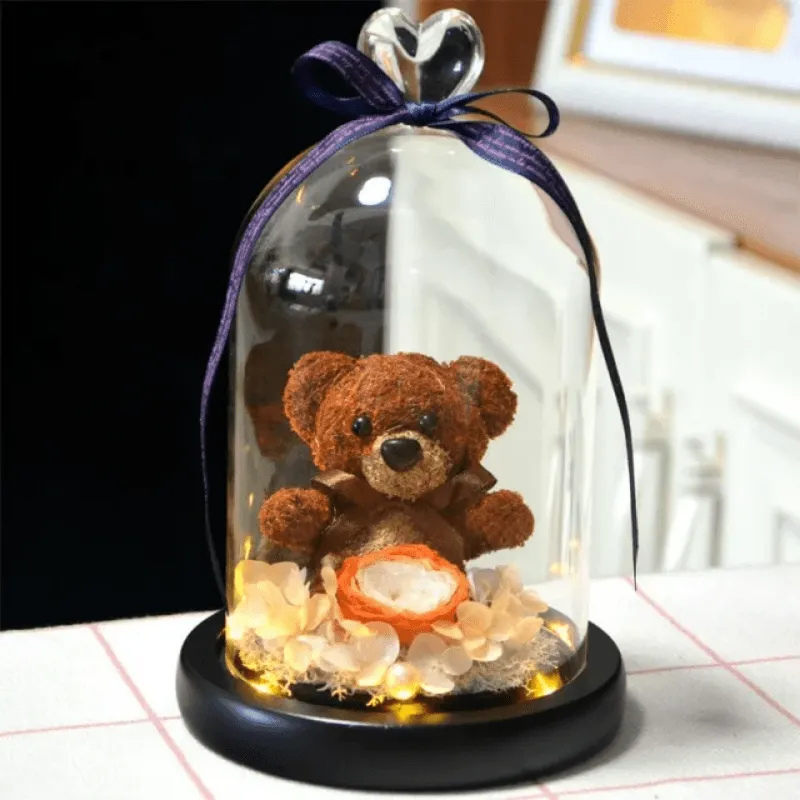 Preserved Rose Bear - LED Glass Dome  And Eternal Love in Bloom
