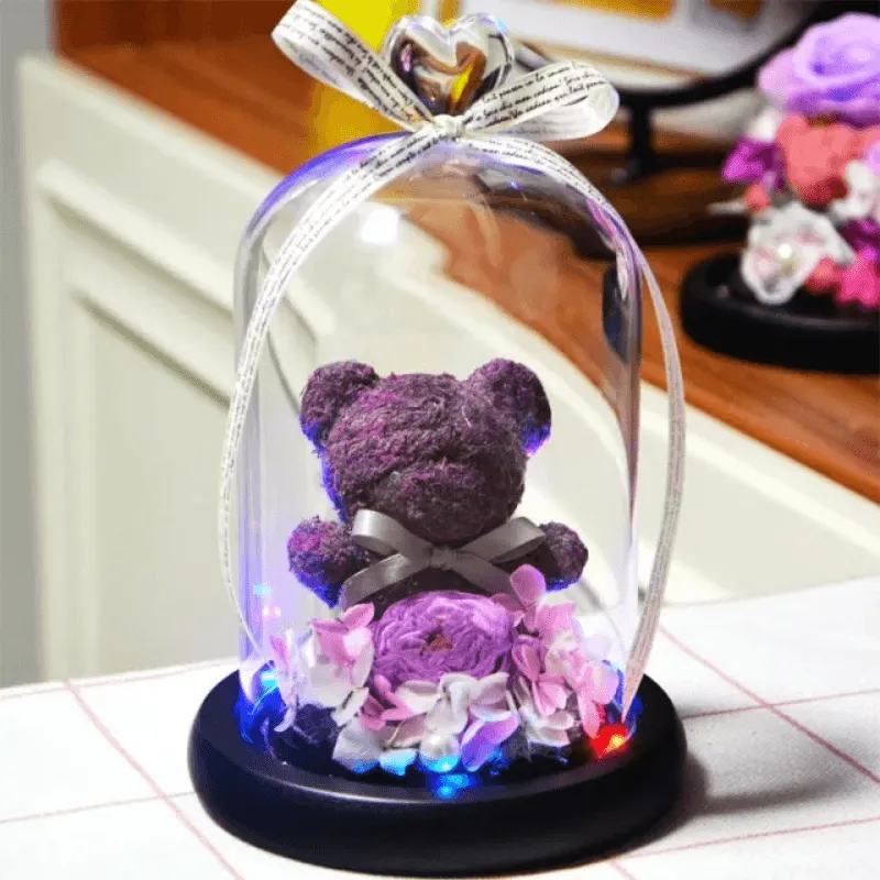 Preserved Rose Bear - LED Glass Dome  And Eternal Love in Bloom