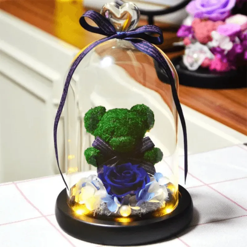 Preserved Rose Bear - LED Glass Dome  And Eternal Love in Bloom