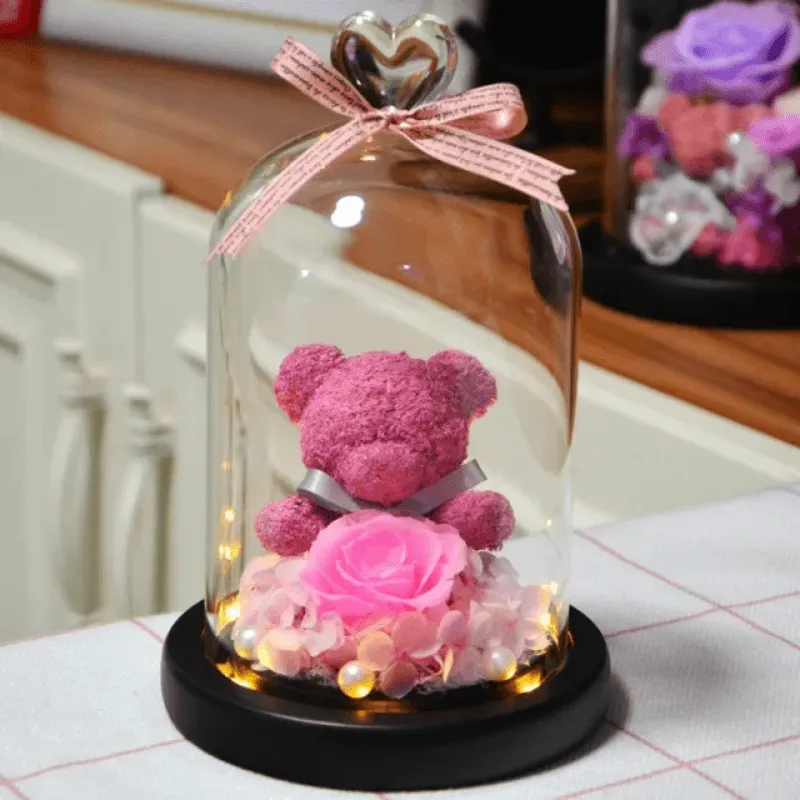Preserved Rose Bear - LED Glass Dome  And Eternal Love in Bloom