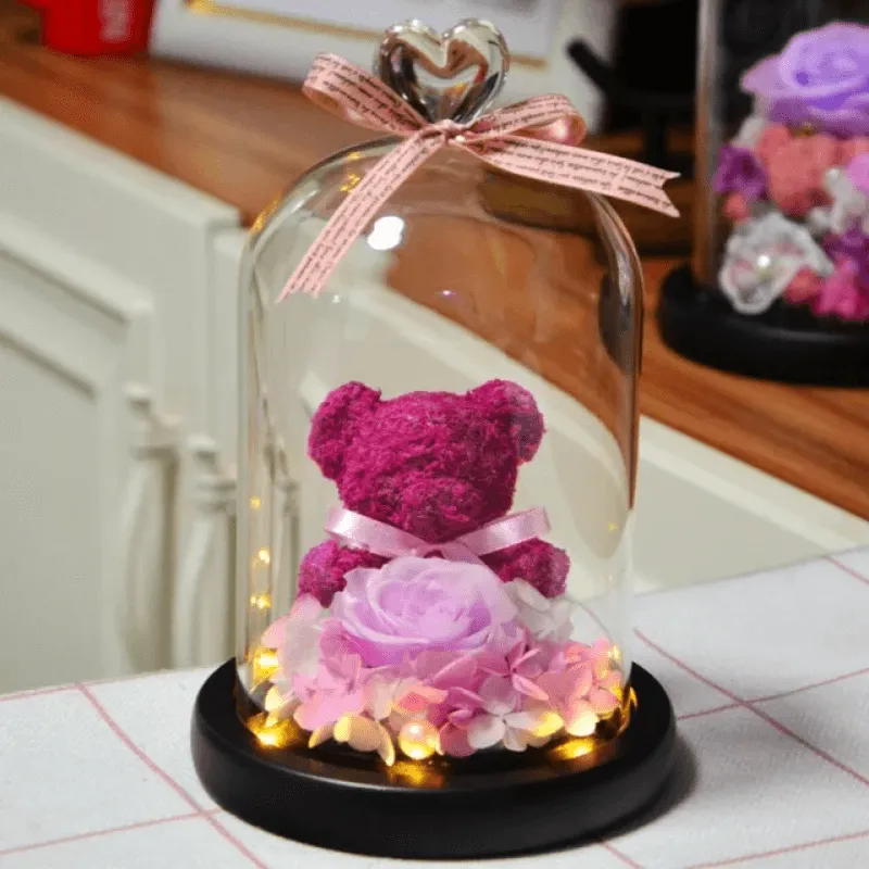 Preserved Rose Bear - LED Glass Dome  And Eternal Love in Bloom