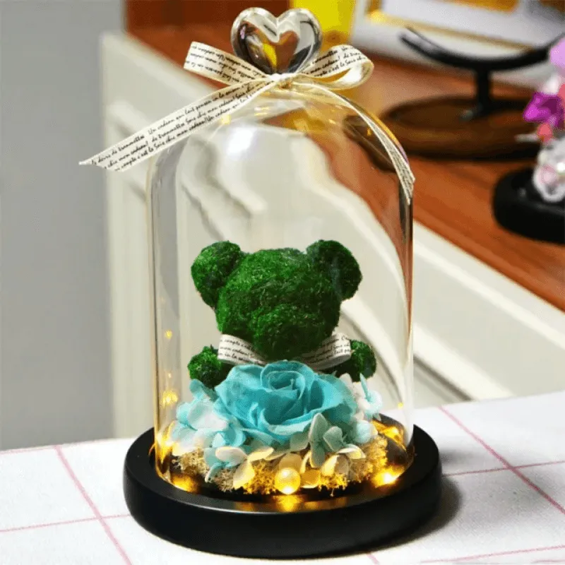 Preserved Rose Bear - LED Glass Dome  And Eternal Love in Bloom