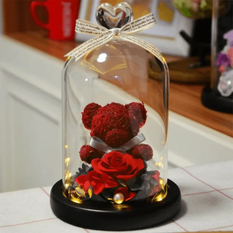 Preserved Rose Bear - LED Glass Dome  And Eternal Love in Bloom