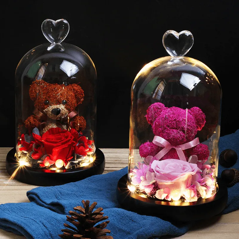 Preserved Rose Bear - LED Glass Dome  And Eternal Love in Bloom