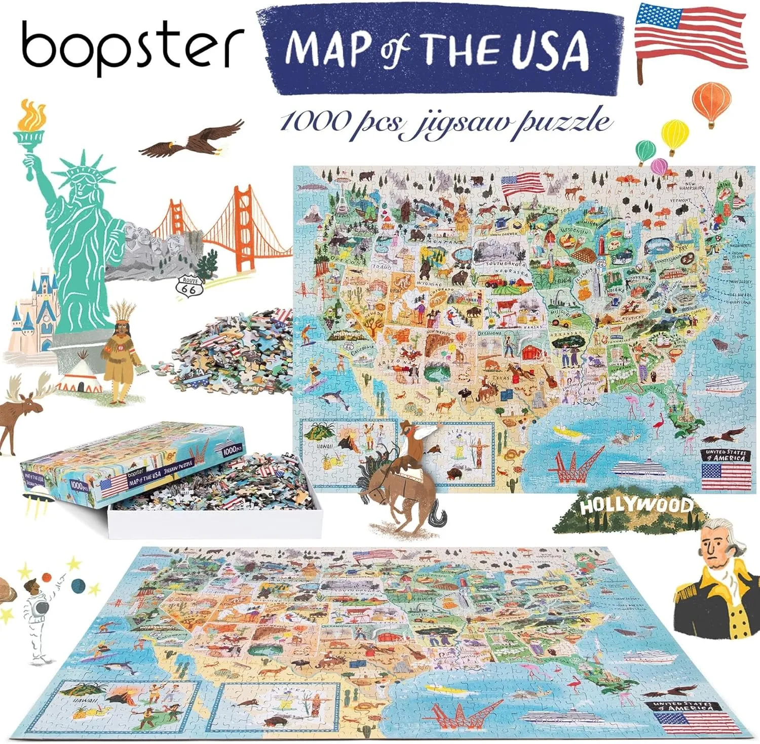 Puzzles for Adults 1000 Pieces - Illustrated US Map Puzzle - United States USA 1000 Piece Puzzle for Adults and Kids Puzzles - 100% Recycled Cardboard by bopster