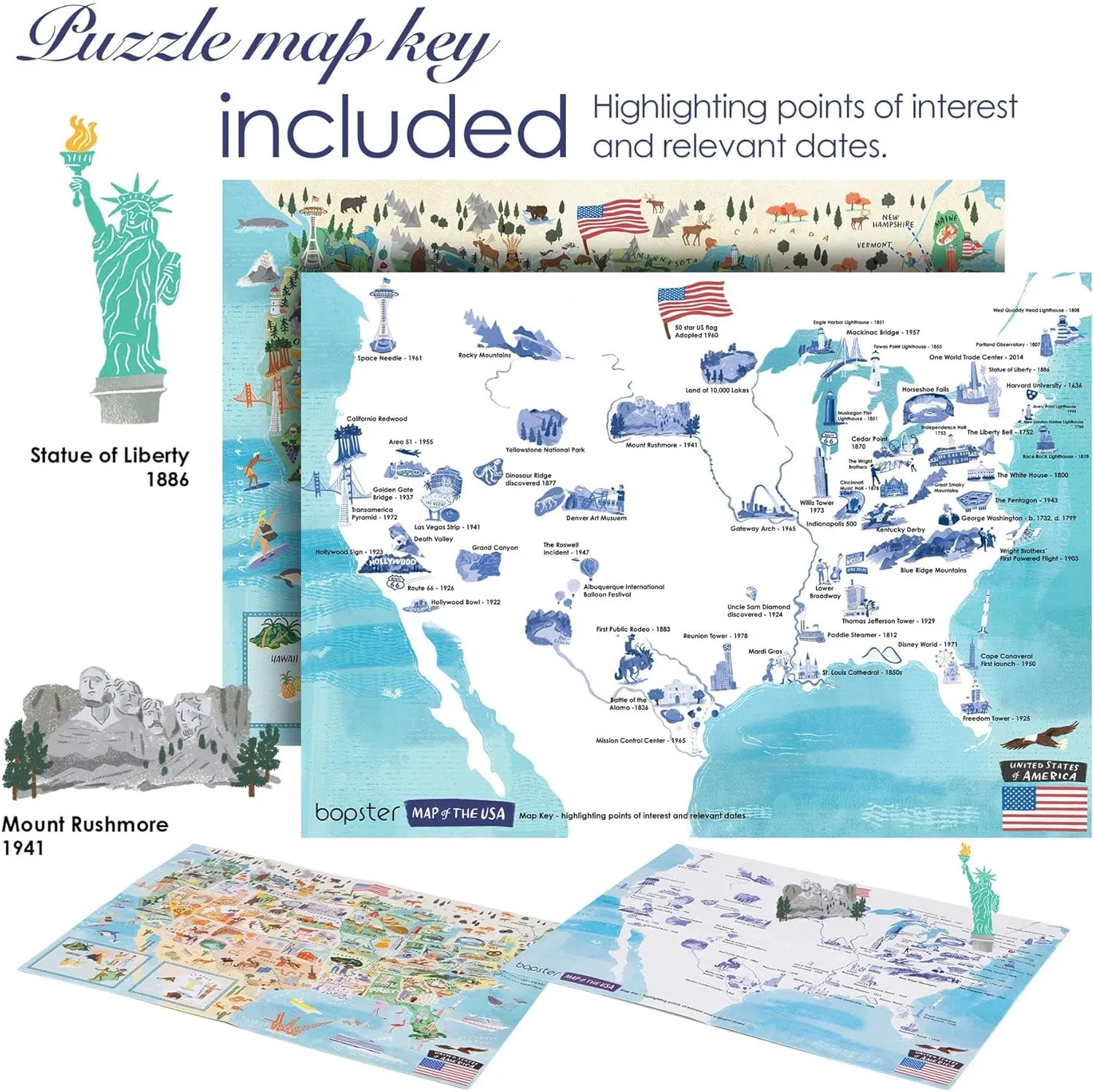 Puzzles for Adults 1000 Pieces - Illustrated US Map Puzzle - United States USA 1000 Piece Puzzle for Adults and Kids Puzzles - 100% Recycled Cardboard by bopster