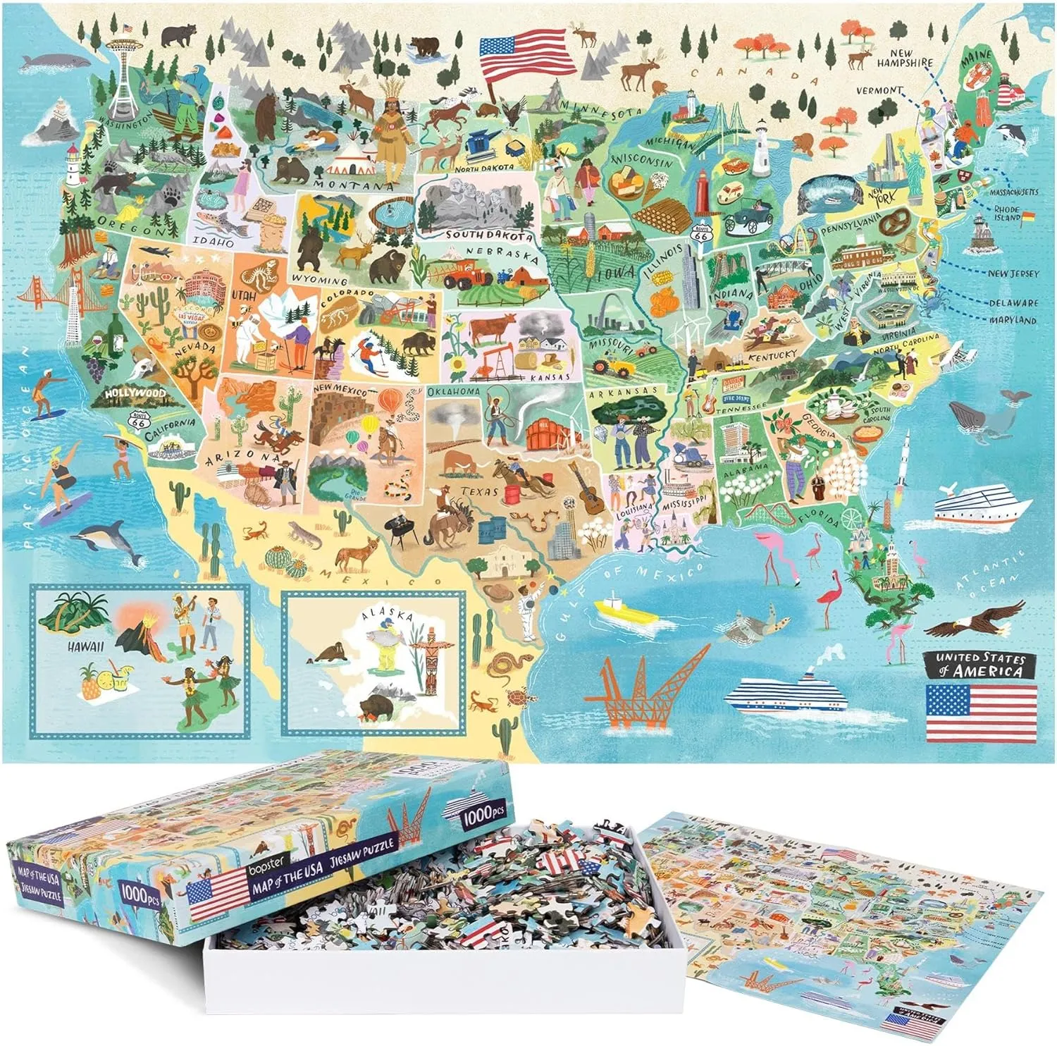 Puzzles for Adults 1000 Pieces - Illustrated US Map Puzzle - United States USA 1000 Piece Puzzle for Adults and Kids Puzzles - 100% Recycled Cardboard by bopster
