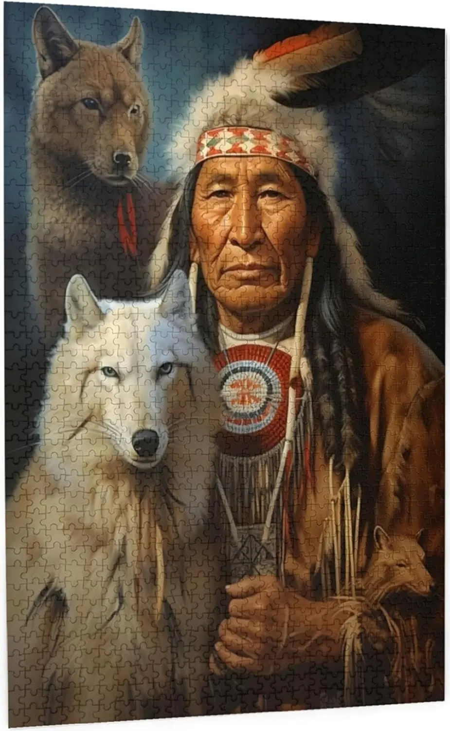 Puzzles for adults 1000 pieces jigsaw puzzles Sitting Wolf Dog Native American Indian Traditional Tent Formation wooden DIY Families Toys Entertainment Gift for Home Decoration 29.5 x 19.6 in
