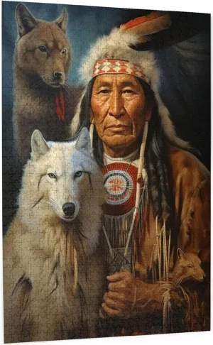 Puzzles for adults 1000 pieces jigsaw puzzles Sitting Wolf Dog Native American Indian Traditional Tent Formation wooden DIY Families Toys Entertainment Gift for Home Decoration 29.5 x 19.6 in