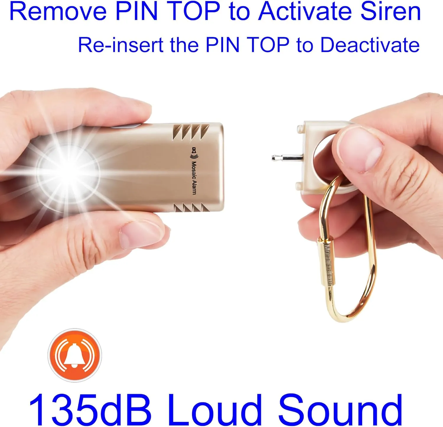 Rechargeable 135dB Personal Safety Alarm Strobe Light Loud Sound Non Slip Grip Keychain SOS Siren for Women, Students. Flashlight Hiking Bear Alarm Deterrent. Emergency Self Defense Alert. Gold