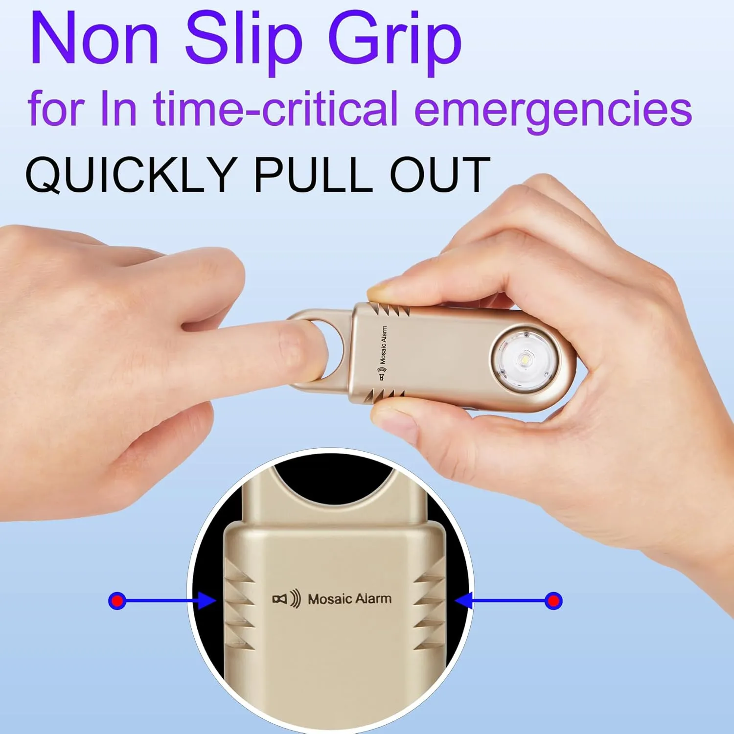 Rechargeable 135dB Personal Safety Alarm Strobe Light Loud Sound Non Slip Grip Keychain SOS Siren for Women, Students. Flashlight Hiking Bear Alarm Deterrent. Emergency Self Defense Alert. Gold