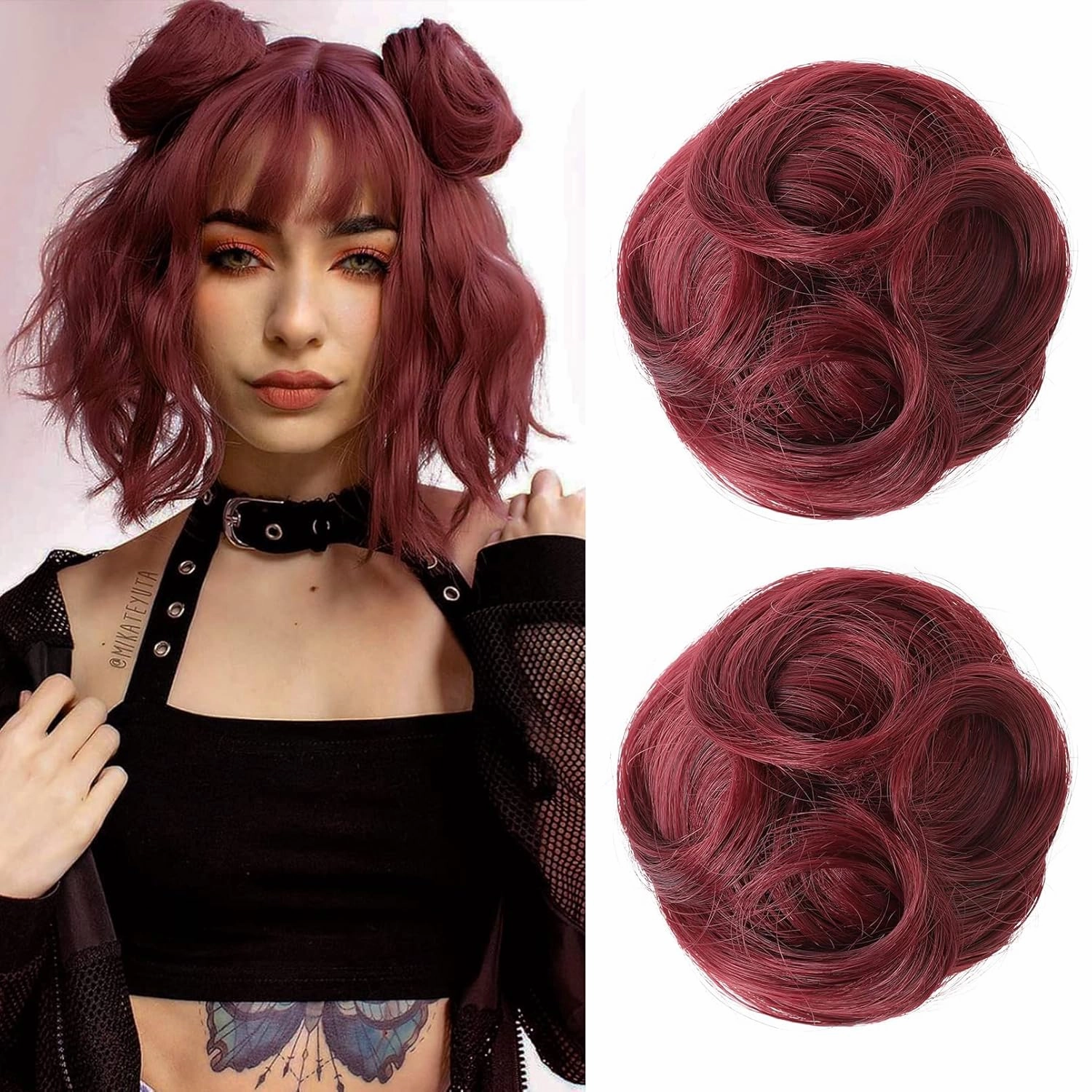 REECHO 2 PCS Mini Claw Clip in Messy & Cat Ears Hair Bun Extensions HB001 Wig Accessory Updo Hairpieces for Women Girls (Pack of 2-3.5" Wavy, Burgundy)