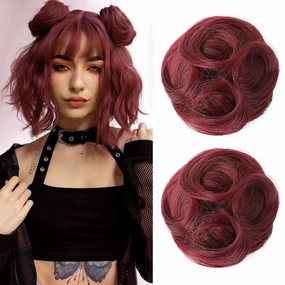 REECHO 2 PCS Mini Claw Clip in Messy & Cat Ears Hair Bun Extensions HB001 Wig Accessory Updo Hairpieces for Women Girls (Pack of 2-3.5" Wavy, Burgundy)
