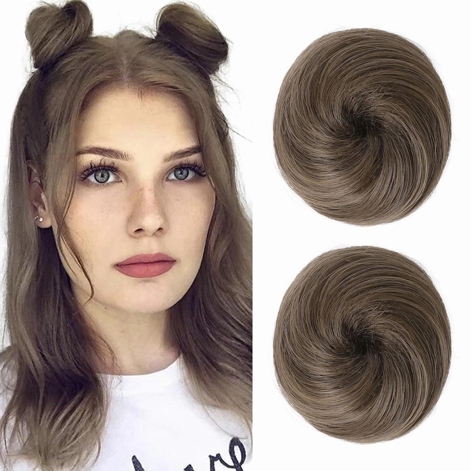 REECHO 2 PCS Mini Claw Clip in Messy & Cat Ears Hair Bun Extensions HB001 Wig Accessory Updo Hairpieces for Women Girls (Pack of 2-3" Straight, Ash Light Brown)