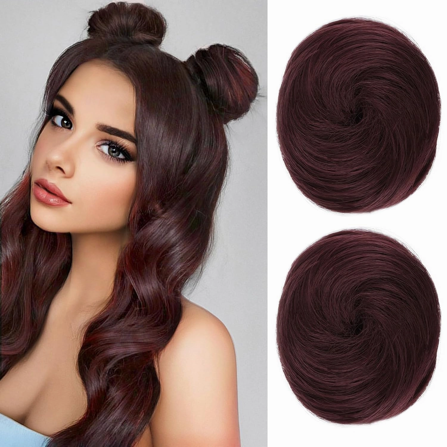 REECHO 2 PCS Mini Claw Clip in Messy & Cat Ears Hair Bun Extensions HB001 Wig Accessory Updo Hairpieces for Women Girls (Pack of 2-3" Straight, Burgundy)