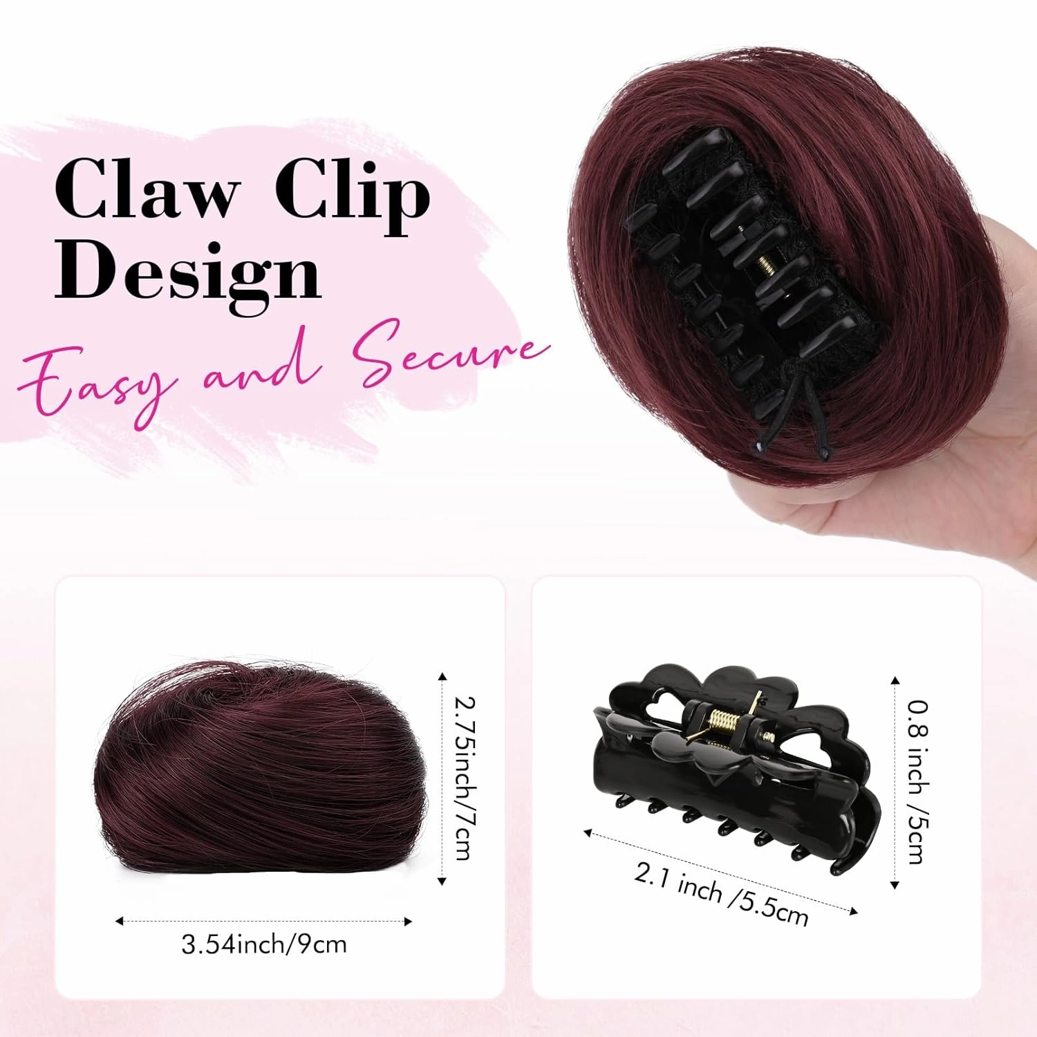 REECHO 2 PCS Mini Claw Clip in Messy & Cat Ears Hair Bun Extensions HB001 Wig Accessory Updo Hairpieces for Women Girls (Pack of 2-3" Straight, Burgundy)