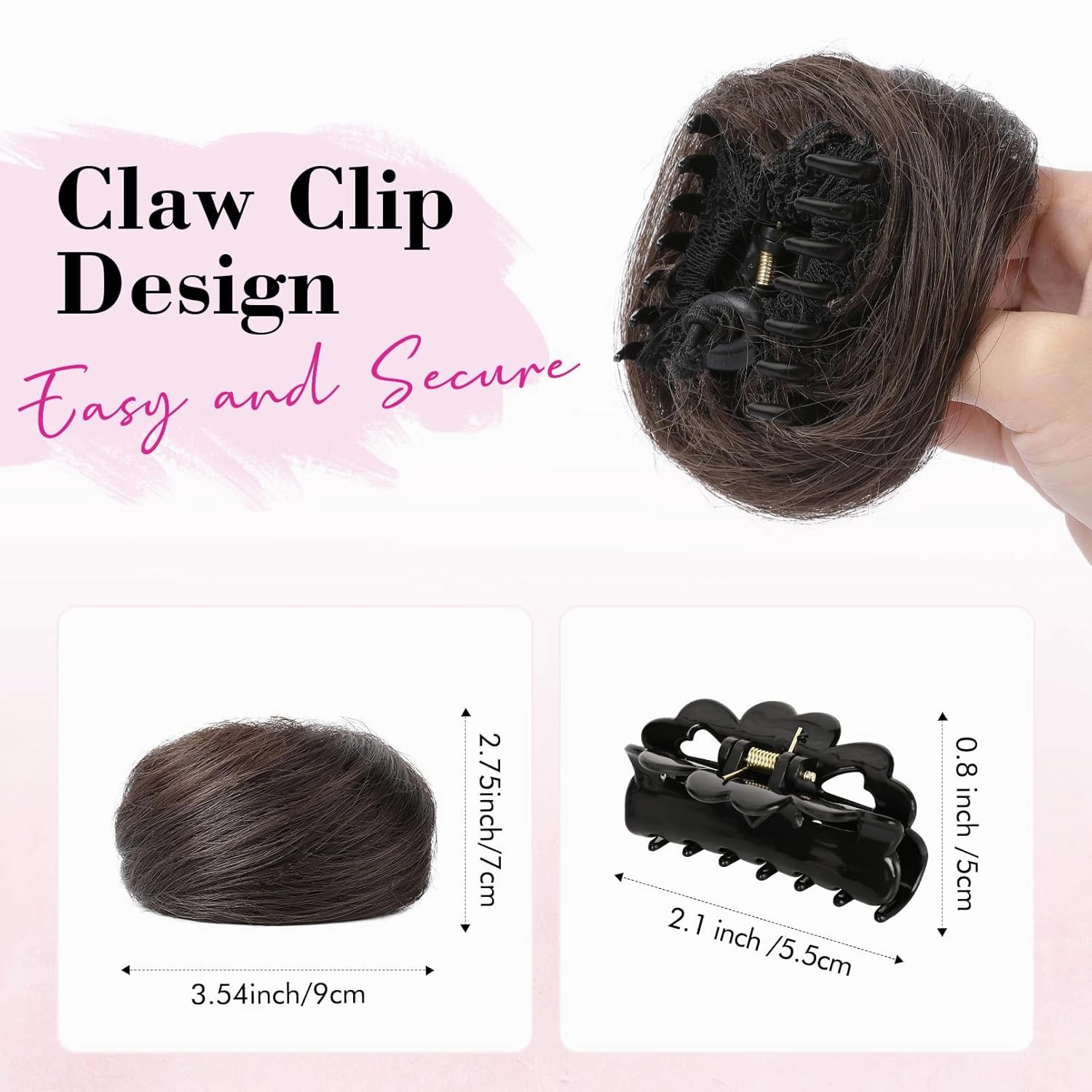 REECHO 2 PCS Mini Claw Clip in Messy & Cat Ears Hair Bun Extensions HB001 Wig Accessory Updo Hairpieces for Women Girls (Pack of 2-3" Straight, Cool Dark Brown)