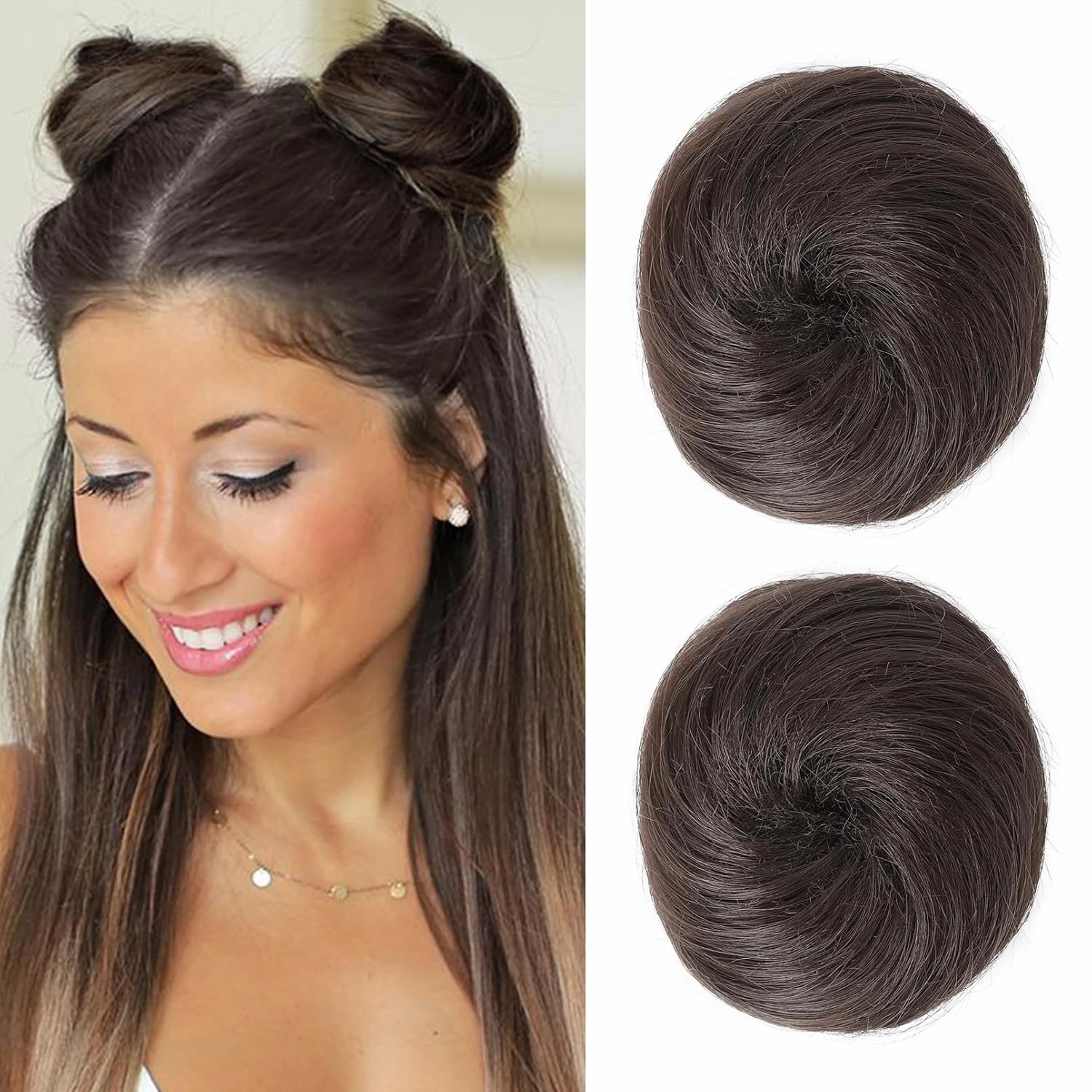 REECHO 2 PCS Mini Claw Clip in Messy & Cat Ears Hair Bun Extensions HB001 Wig Accessory Updo Hairpieces for Women Girls (Pack of 2-3" Straight, Cool Dark Brown)