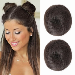 REECHO 2 PCS Mini Claw Clip in Messy & Cat Ears Hair Bun Extensions HB001 Wig Accessory Updo Hairpieces for Women Girls (Pack of 2-3" Straight, Cool Dark Brown)
