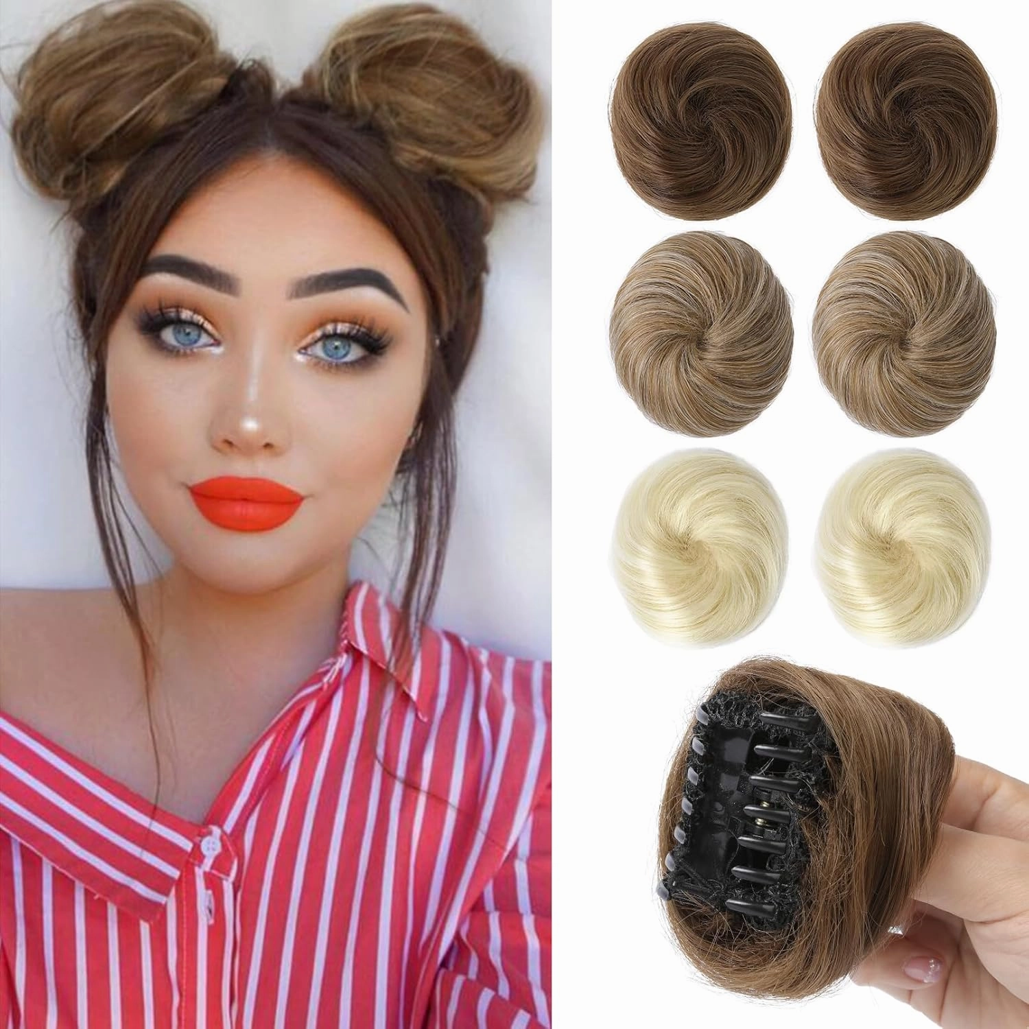 REECHO 2 PCS Mini Claw Clip in Messy & Cat Ears Hair Bun Extensions HB001 Wig Accessory Updo Hairpieces for Women Girls (Pack of 2-3" Straight, Light Chocolate Brown)