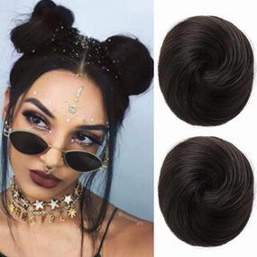 REECHO Space Bun Hair Pieces, 2 PCS Mini Claw Clip in Messy & Cat Ears Fake Hair Bun Extensions HB001 Wig Accessory Updo Hairpieces for Women Girls (Pack of 2-3" Straight, Black Brown)