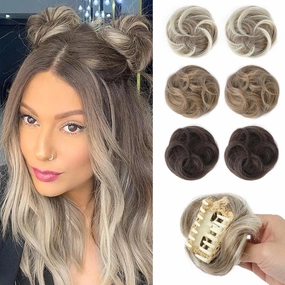 REECHO Space Bun Hair Pieces, 2 PCS Mini Claw Clip in Messy & Cat Ears Fake Hair Bun Extensions HB001 Wig Accessory Updo Hairpieces -Pack of 2-3.5" Wavy, Ash Brown with Blonde Tips