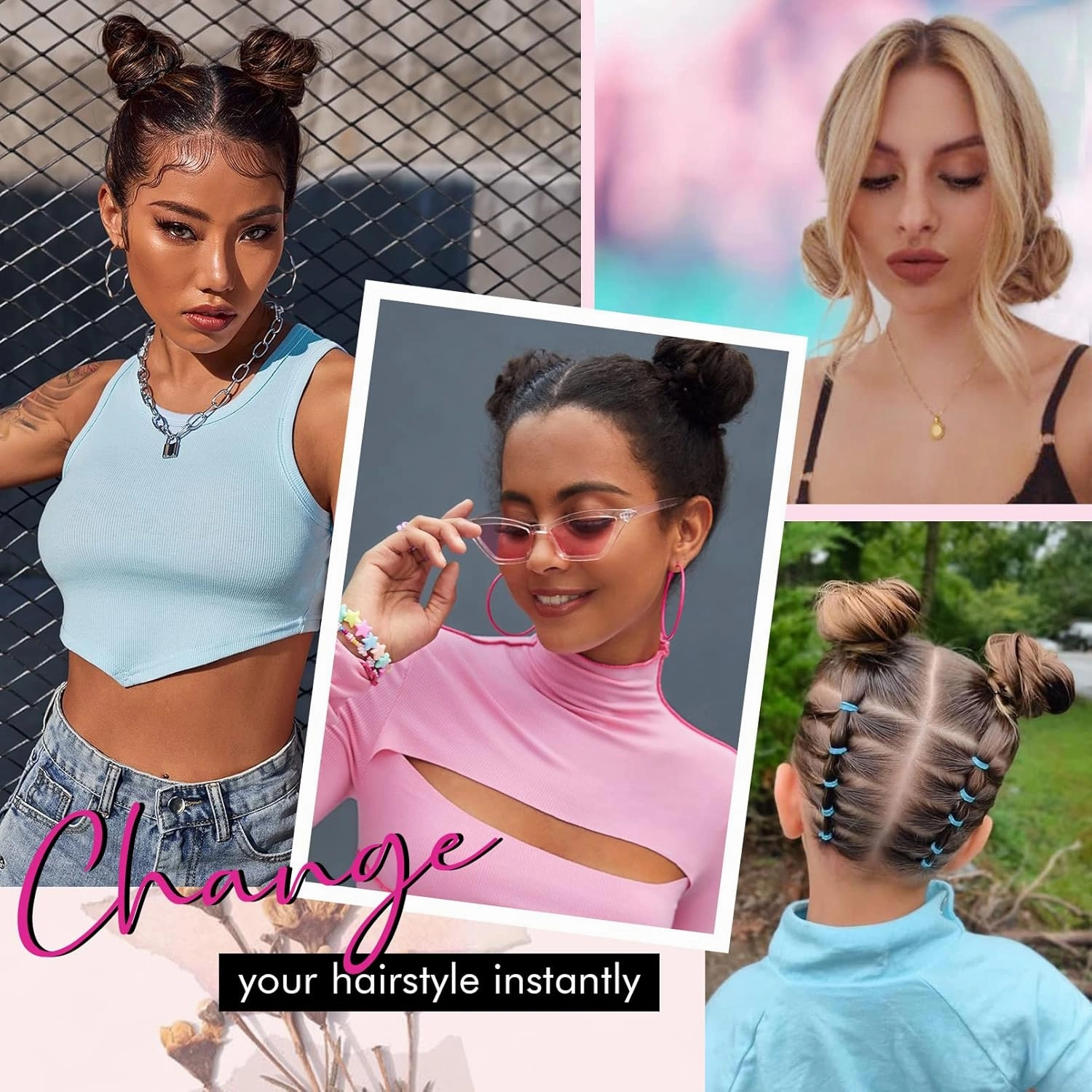 REECHO Space Bun Hair Pieces, 2 PCS Mini Claw Clip in Messy & Cat Ears Fake Hair Bun Extensions HB001 Wig Accessory Updo Hairpieces -Pack of 2-3.5" Wavy, Ash Brown with Blonde Tips