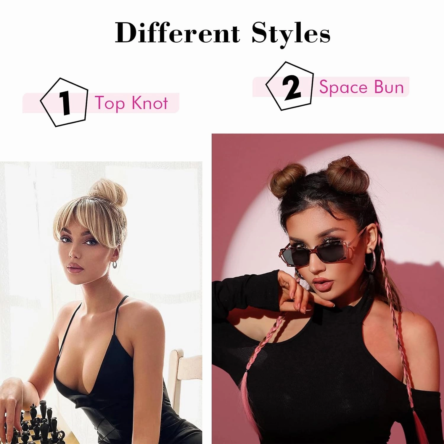 REECHO Space Bun Hair Pieces, 2 PCS Mini Claw Clip in Messy & Cat Ears Fake Hair Bun Extensions HB001 Wig Accessory Updo Hairpieces -Pack of 2-3.5" Wavy, Ash Brown with Blonde Tips