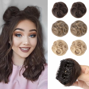 REECHO Space Bun Hair Pieces, 2 PCS Mini Claw Clip in Messy & Cat Ears Fake Hair Bun Extensions HB001 Wig Accessory Updo Hairpieces -Pack of 2-3.5" Wavy, Chestnut Brown