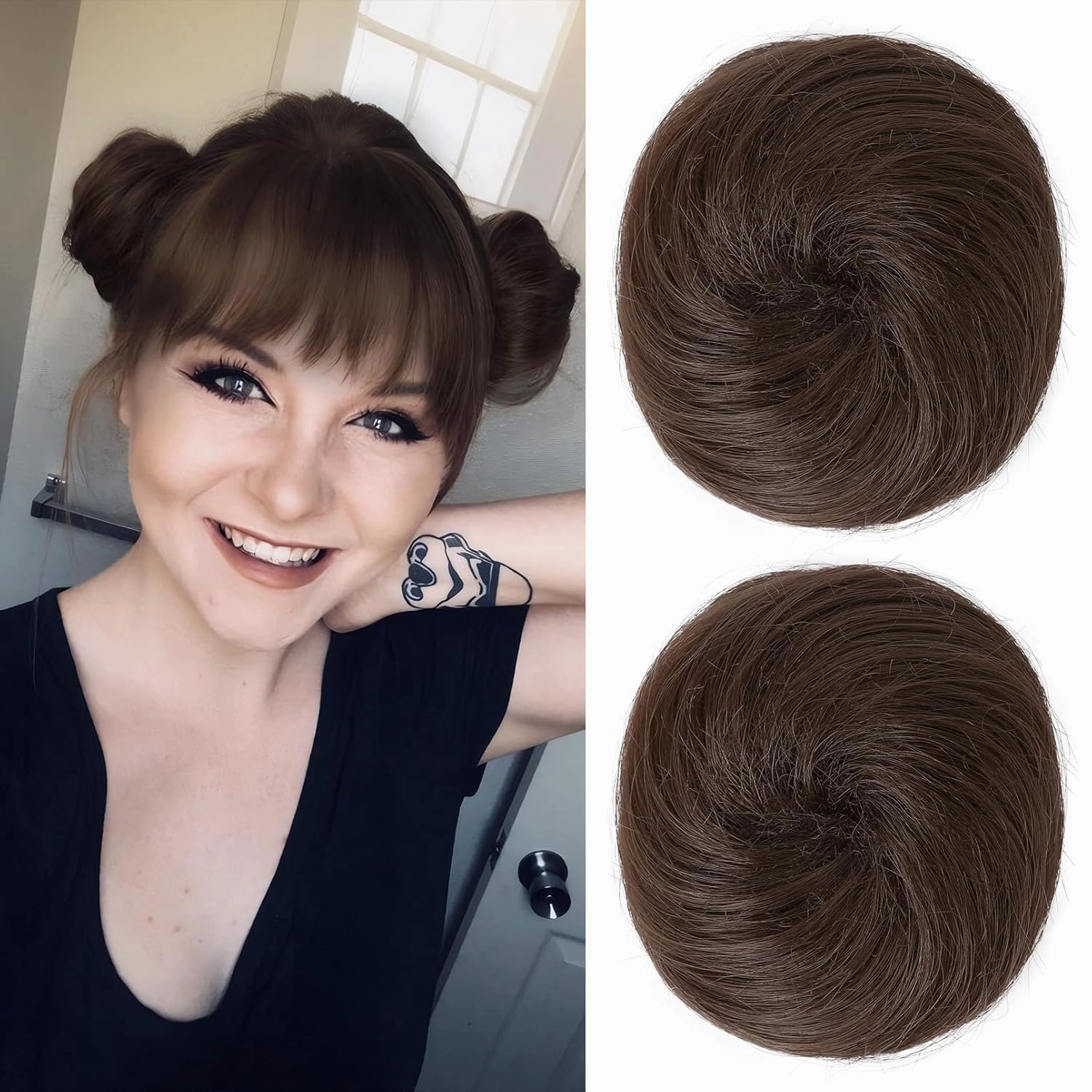 REECHO Space Bun Hair Pieces, 2 PCS Mini Claw Clip in Messy & Cat Ears Fake Hair Bun Extensions HB001 Wig Accessory Updo Hairpieces -Pack of 2-3" Straight, Chestnut Brown