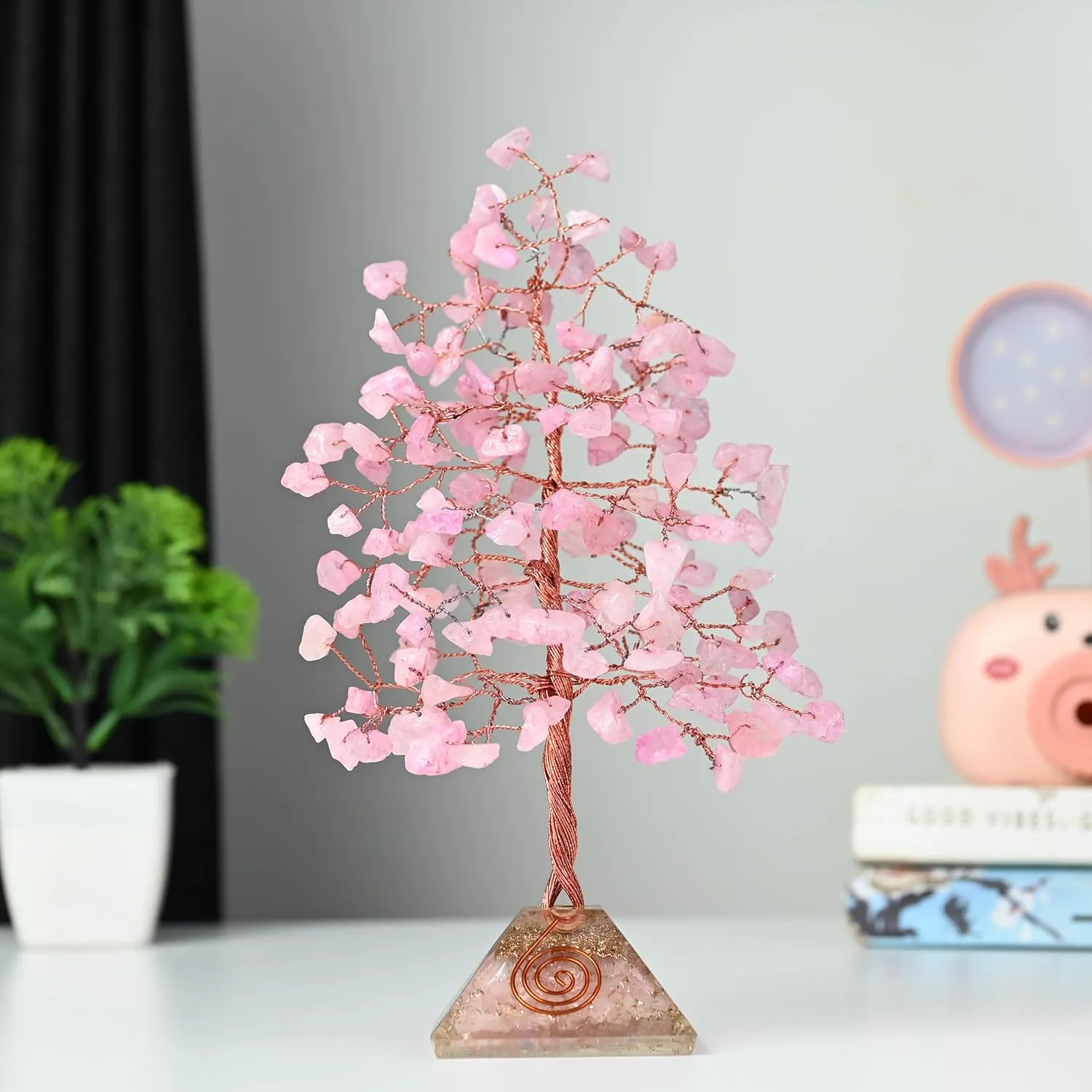 Rose Quartz Crystal Tree with Orgone Pyramid Base Desk Decor Healing Crystals Bonsai Tree Pink Gifts for Women Office & Shelf Home Room Decor for Mom Sister Girlfriend Present Housewarming