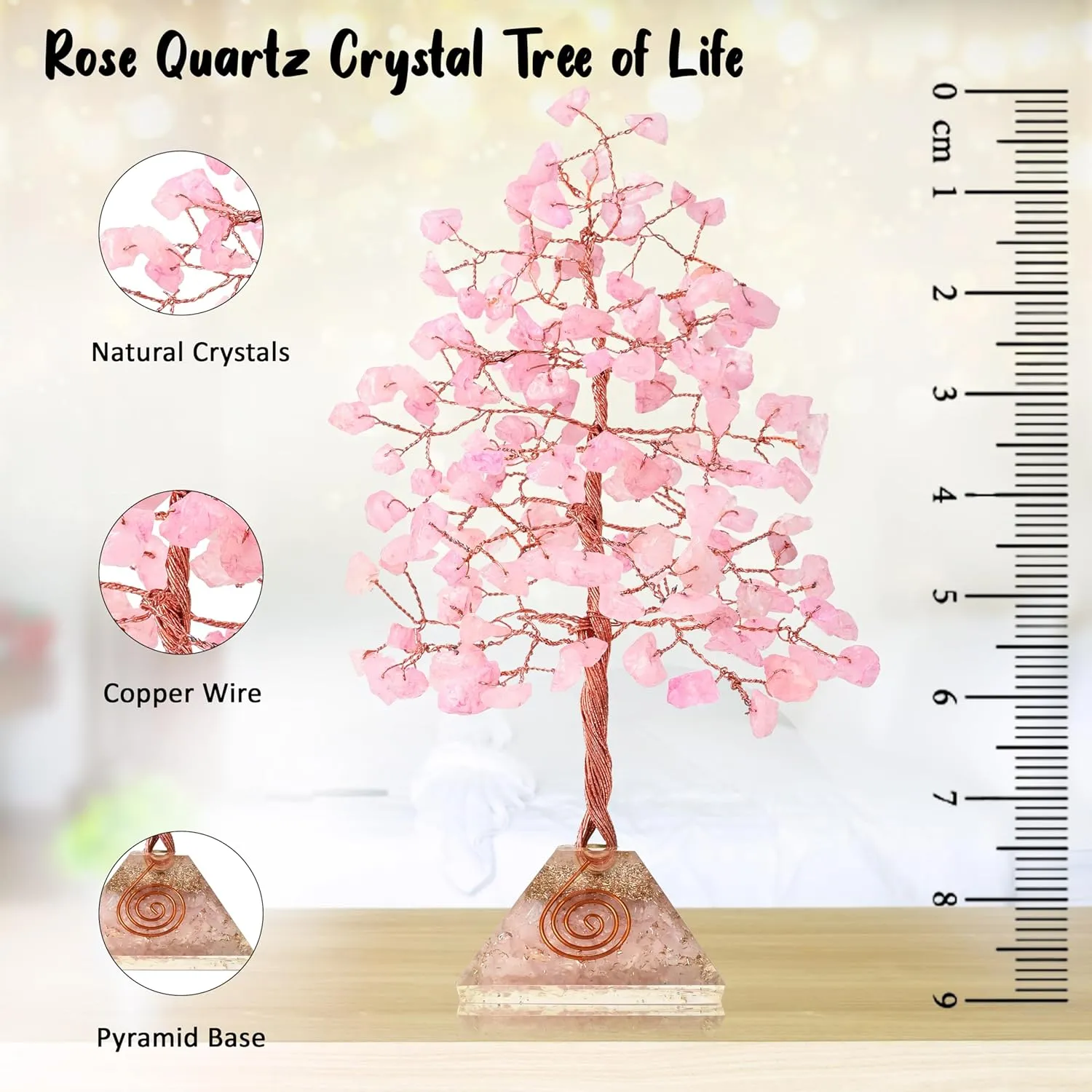 Rose Quartz Crystal Tree with Orgone Pyramid Base Desk Decor Healing Crystals Bonsai Tree Pink Gifts for Women Office & Shelf Home Room Decor for Mom Sister Girlfriend Present Housewarming