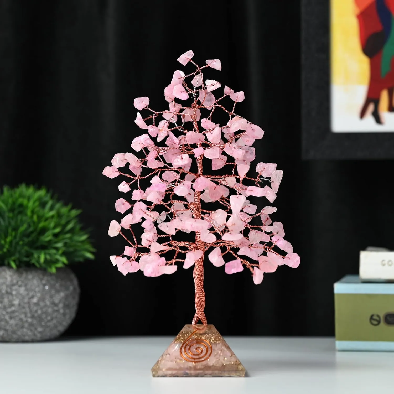 Rose Quartz Crystal Tree with Orgone Pyramid Base Desk Decor Healing Crystals Bonsai Tree Pink Gifts for Women Office & Shelf Home Room Decor for Mom Sister Girlfriend Present Housewarming
