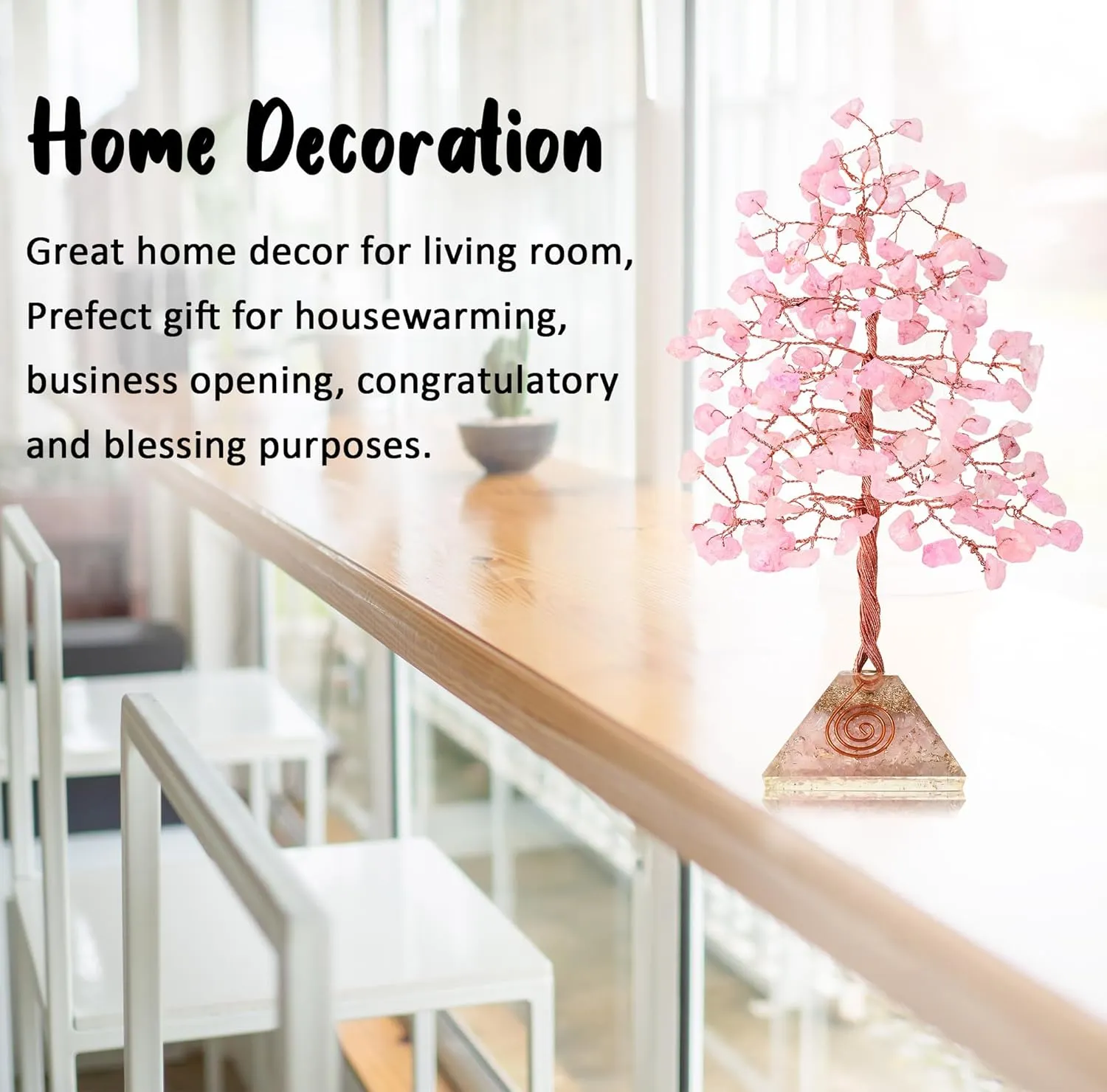 Rose Quartz Crystal Tree with Orgone Pyramid Base Desk Decor Healing Crystals Bonsai Tree Pink Gifts for Women Office & Shelf Home Room Decor for Mom Sister Girlfriend Present Housewarming
