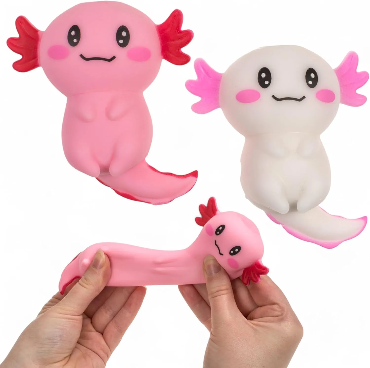 Set of 2 Stretch Axolotl Anti-Stress Balls with Quartz Sand Filling - Pink & White - 9.5 x 8 cm Worry Stone for Stress Relief & Soothing