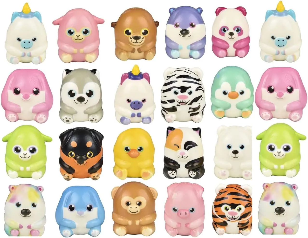 Set of 24 (2 Dozen) Cute Chunky Micro Slow Rise Squishy Toys - Mini Animal Fidgets - Memory Foam Party Favors, Prizes, OT (Random Selection)