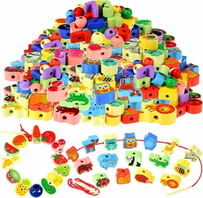 Shappy 93 Pcs Montessori Wooden Educational Threading Toys Farm Animals Fruits Wooden Lacing Beads Toys Preschool Stringing Beads for Toddler 3 4 5 Year Old Kids Boys Girls Gifts